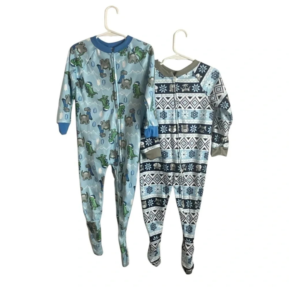 Mon Petit Toddler Two Blanket Sleepers Footies Dinosaur& Raccoon/Fox Pajamas